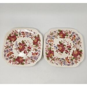 2 Copeland England Red "Spode's Aster" Square Salad Dessert Plates Gadroon 8.25"